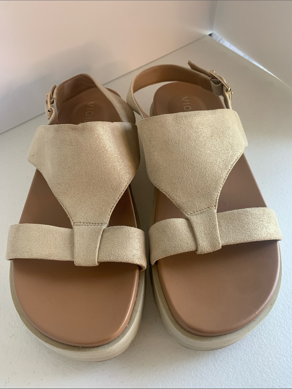 Vionic Cream Linen-Effect Platform Sandals